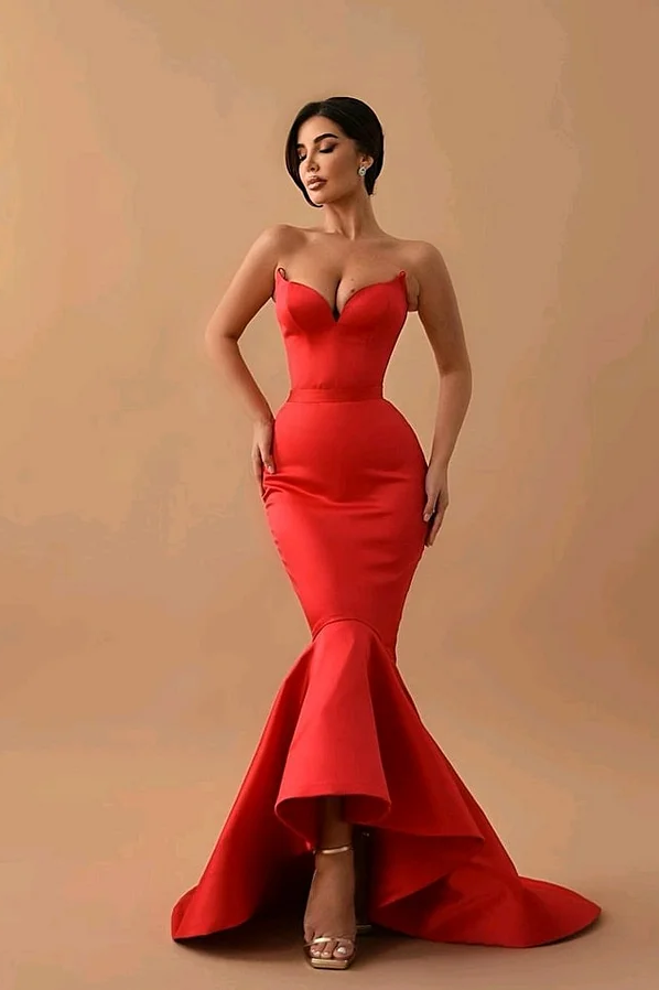 Daisda Beautiful Red Spaghetti Straps Sleeveless Mermaid Prom Dress