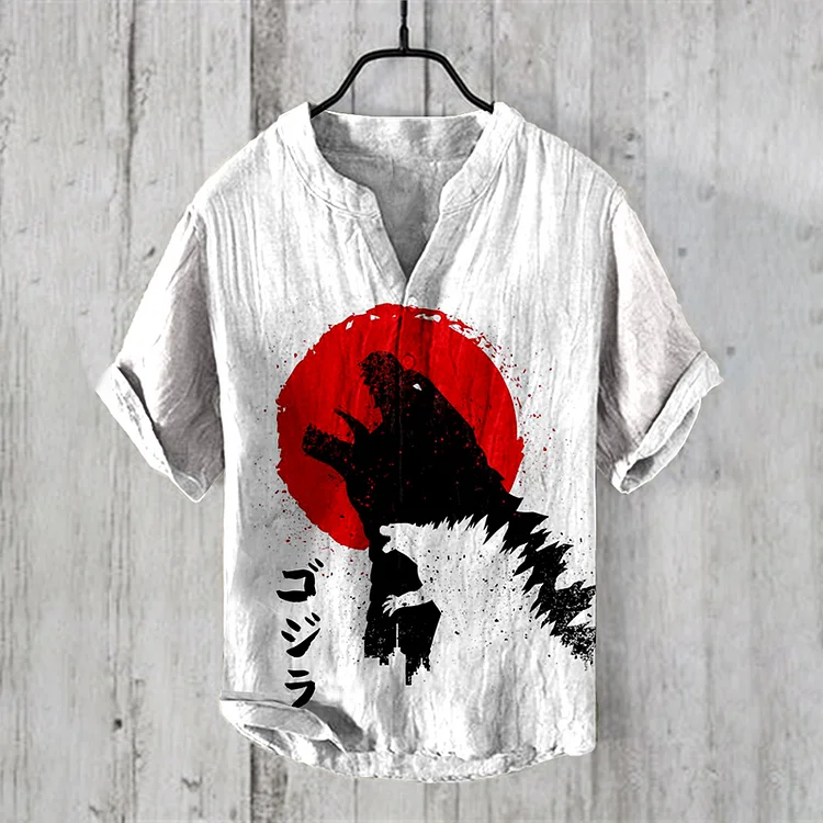 Godzilla & Red Sun Japanese Art Linen Blend Shirt