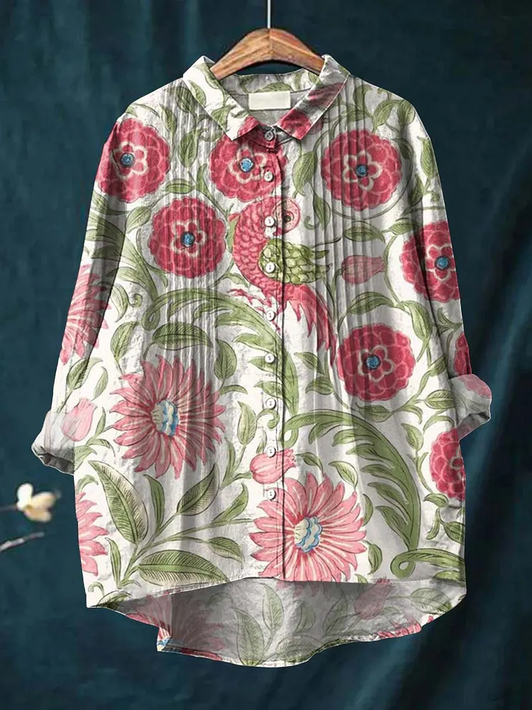 Women's Retro Art Flowers Print Casual Cotton And Linen Ruffle Shirt