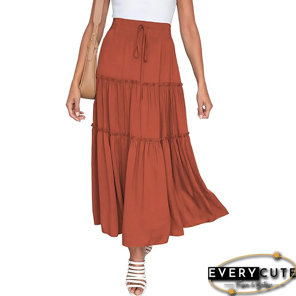 Orange High Waist A-line Drawstring Maxi Skirt