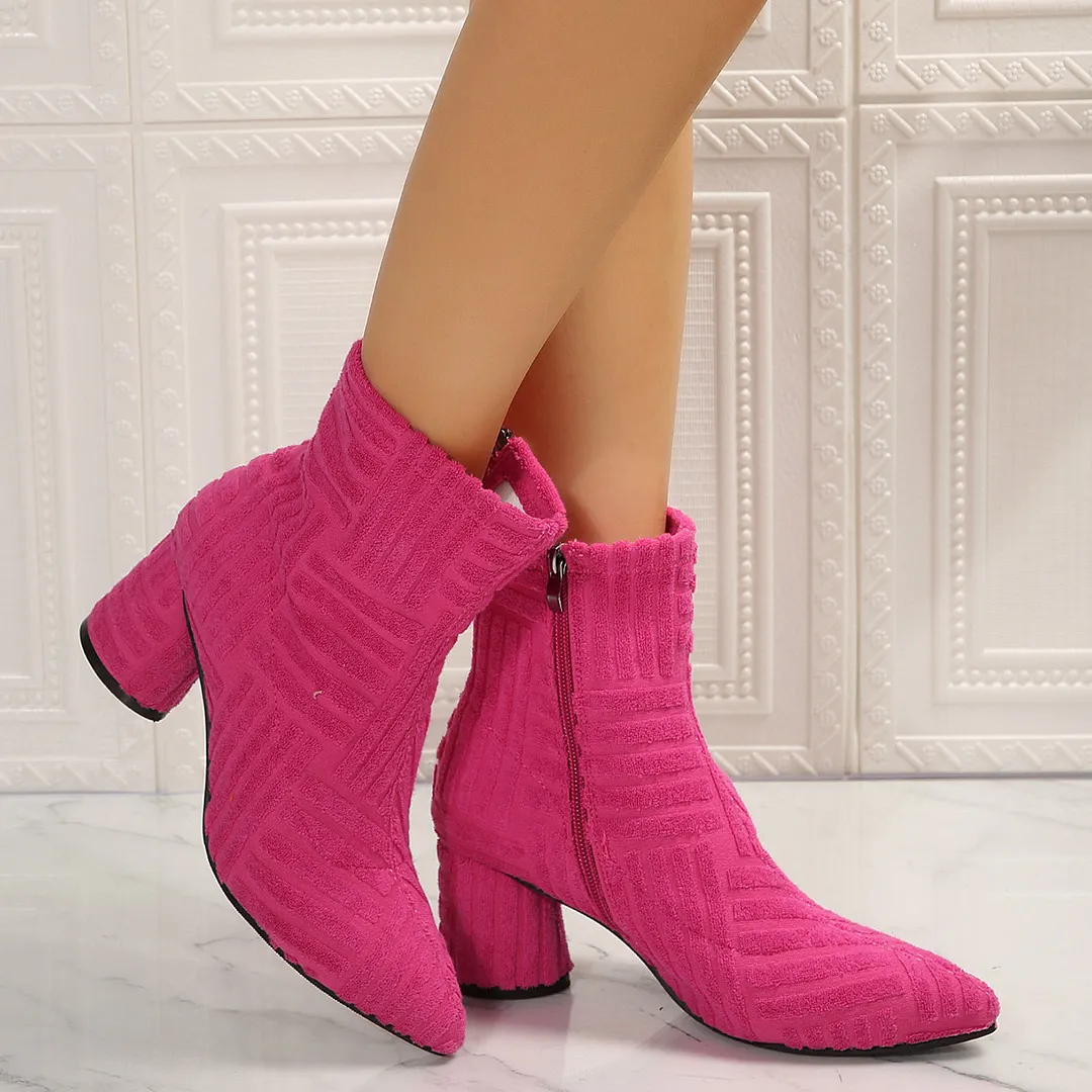 Breakj Breakj Towel Women's Cloth High-Heeling Boots Solid Color Side Zipper Tip Short Fashion Coarse And 2025 New Model