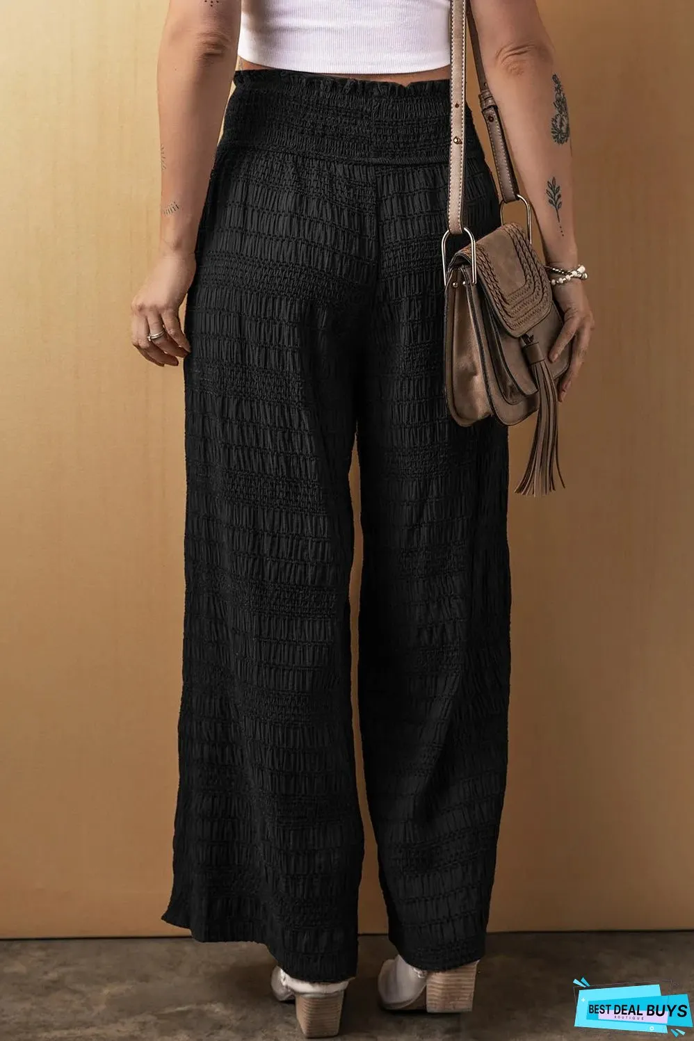 Black Textured Wide Smocked Waist Loose Pants