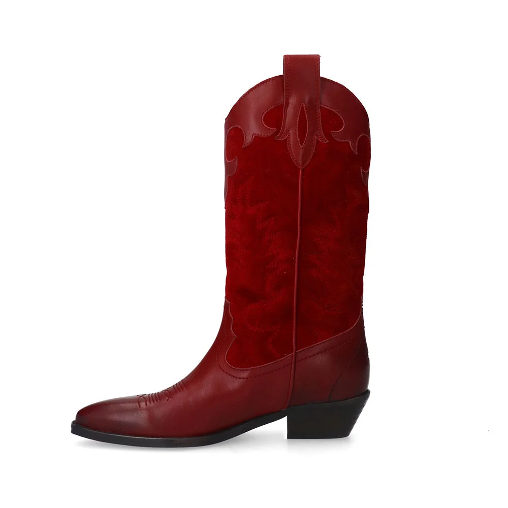 Fashion Red Pointed Toe Western Boots for Women with Embroidered