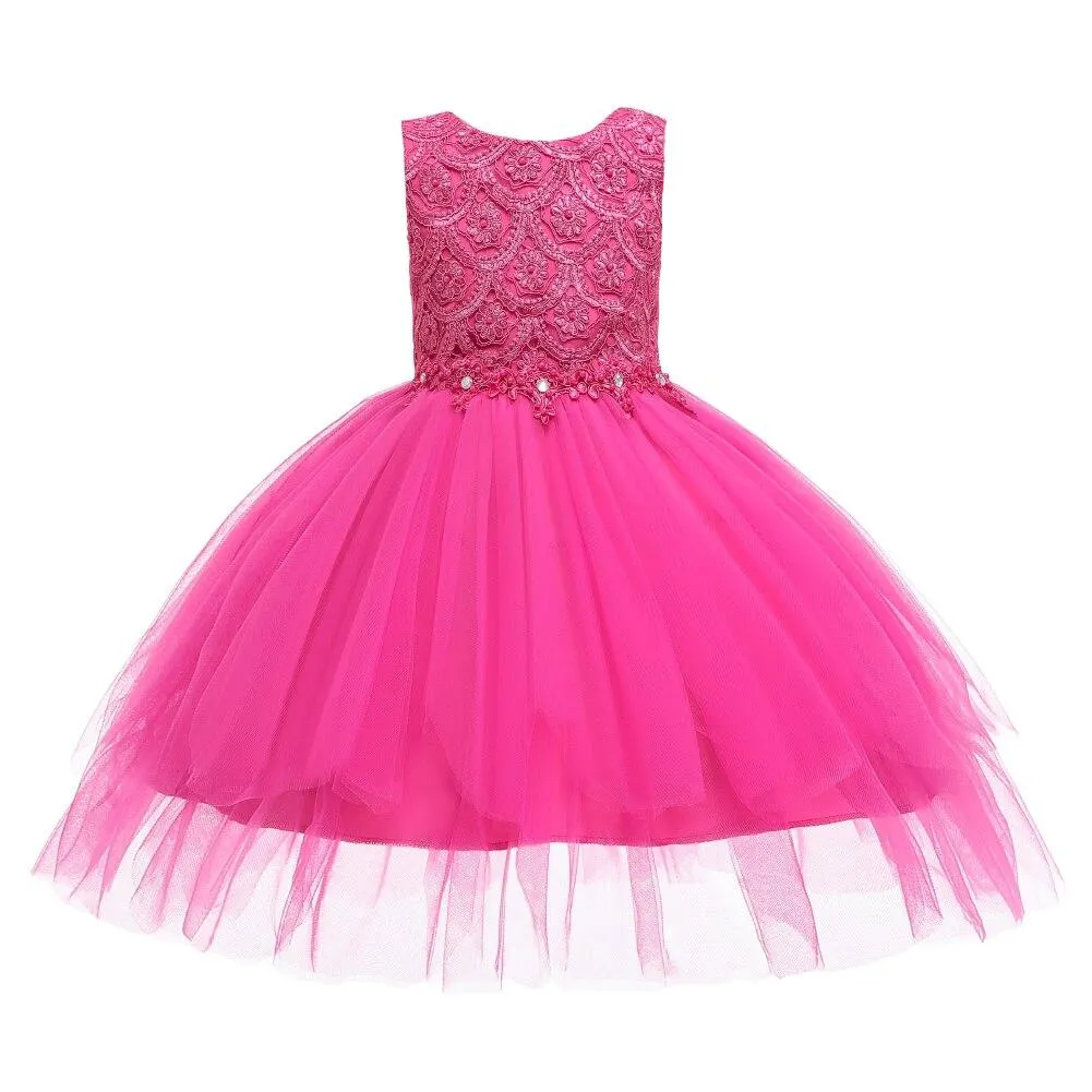 Big Bow Lovely Breathable Princess Kid Dresses For Girl Pink Beaded Layered Tulle Flower Dress Child of 2-10 Year