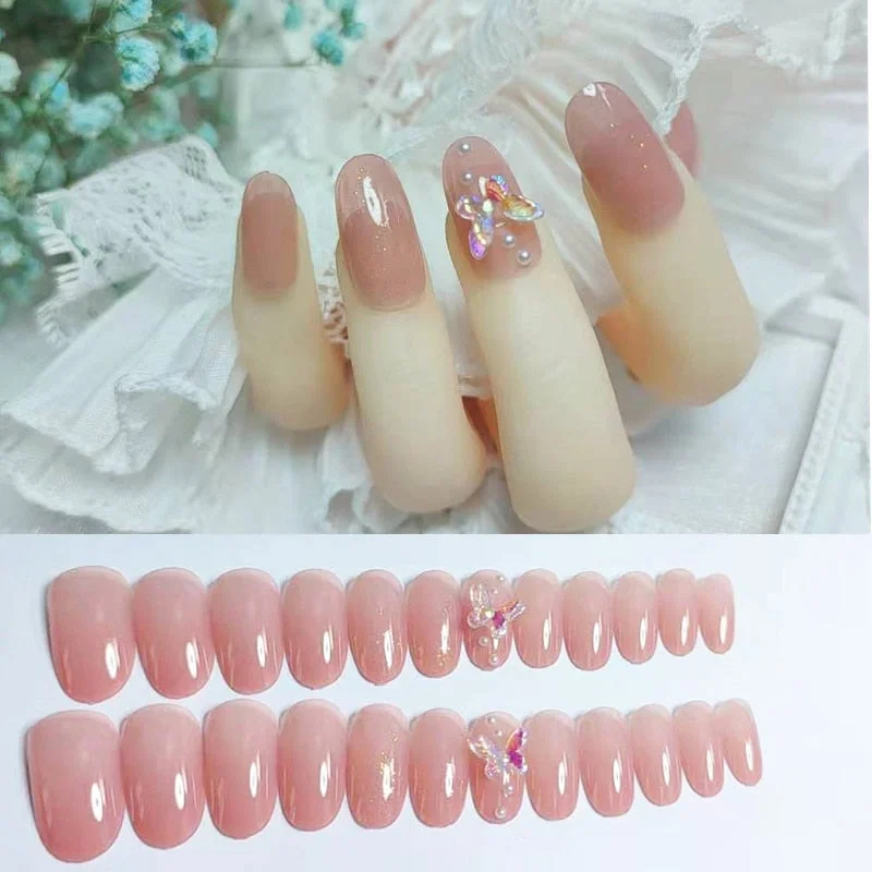 24Pcs/box Full Cover Short round press on nails Pink Dripping Shape Heart Bride nail tips Wearable Fake Nail with Glue for girls-Nail Inspo