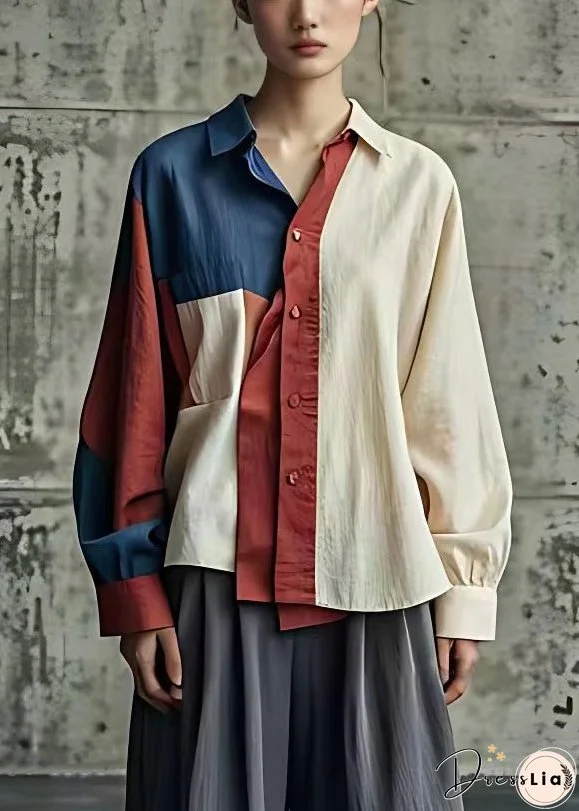 Unique Beige Asymmetrical Button Patchwork Linen Shirt Fall