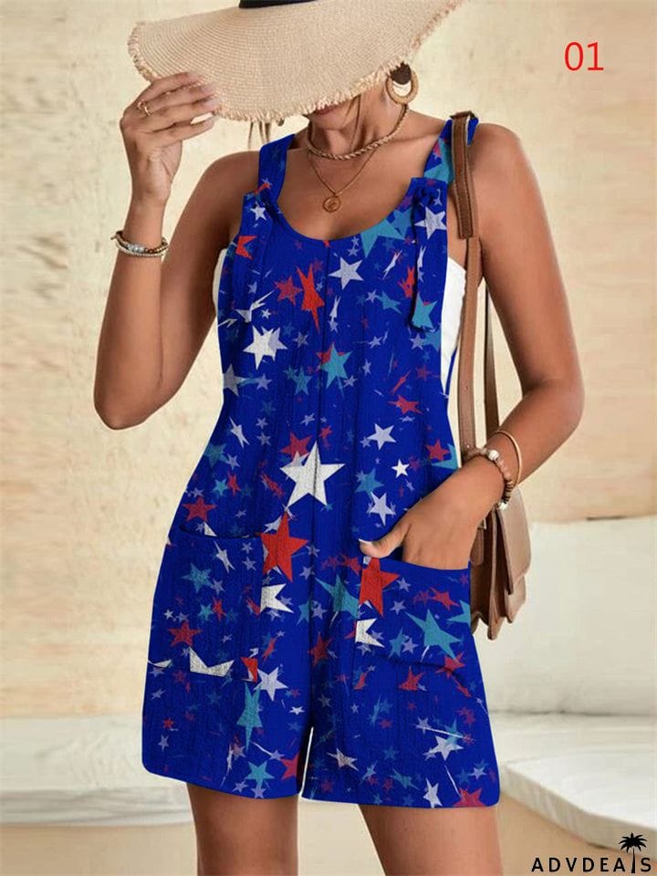 Lady Temperament Star Flag Print Sleeveless Jumpsuits