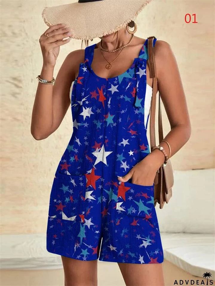 Lady Temperament Star Flag Print Sleeveless Jumpsuits