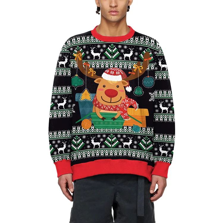 Unisex Moose Print Ugly Christmas Sweater(Black)
