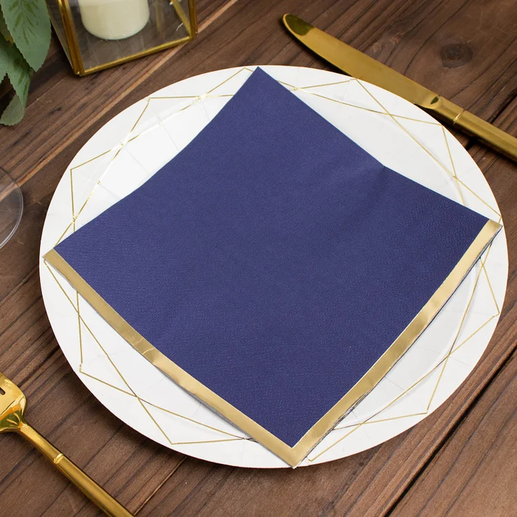 50 Pack Soft Navy Blue 2 Ply Paper Beverage Napkins with Gold Foil Edge, Disposable Cocktail Napkins - 6.5"x6.5"