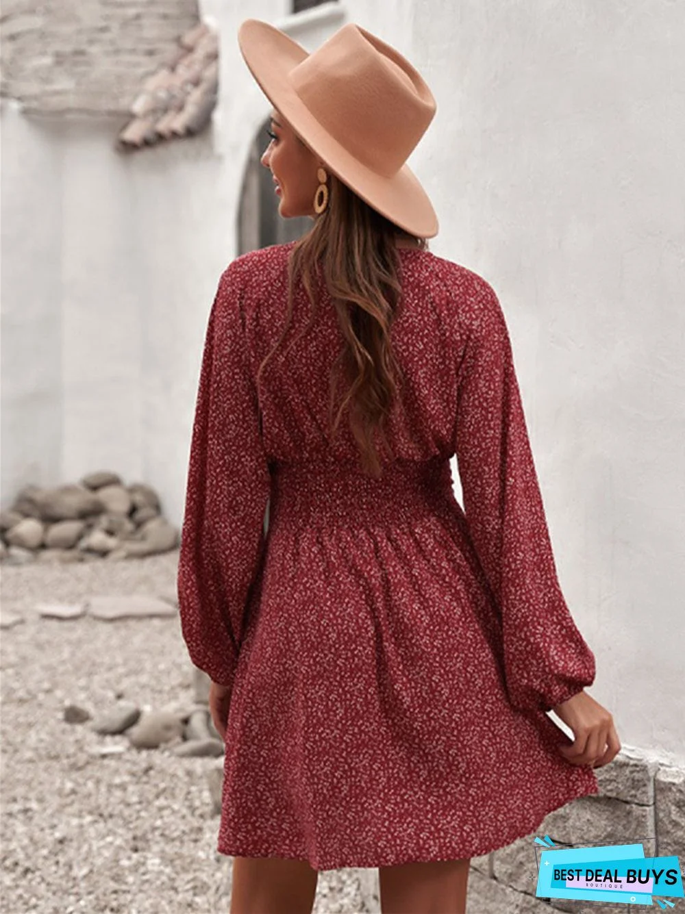 Temperament Commuter V-Neck Long Sleeve Short Dress