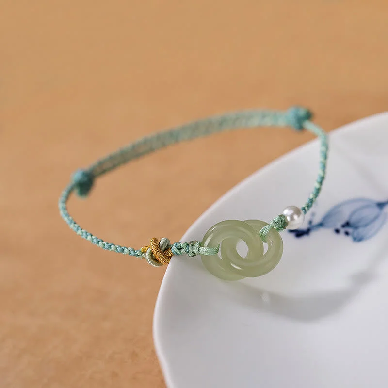 Natural Hetian Jade Double Peace Buckle Luck Braided Bracelet