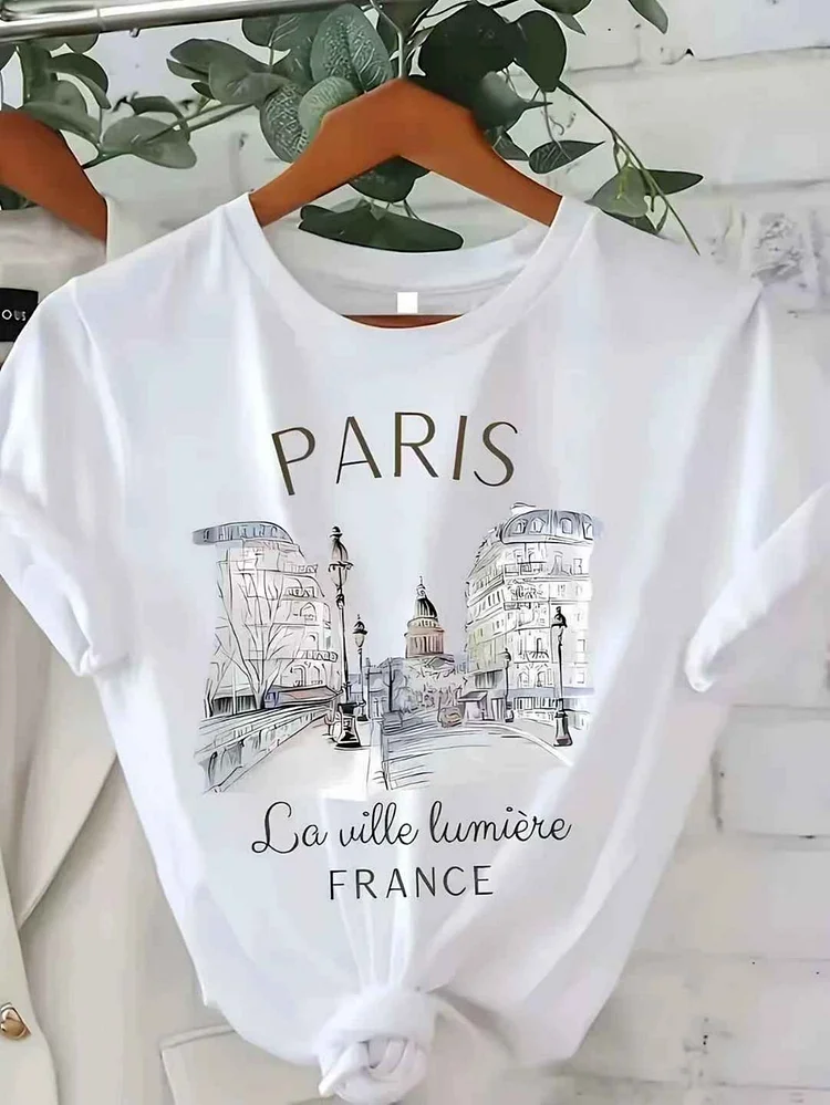 Women's Paris Graphic T-Shirt - Casual Round Neck Short Sleeve, Breathable & Comfortable, Ideal For Daily Wear And Summer Parties, White With Black Print, Versatile Fashion Tee | Paris Themed Shirt | Breathable Fabric