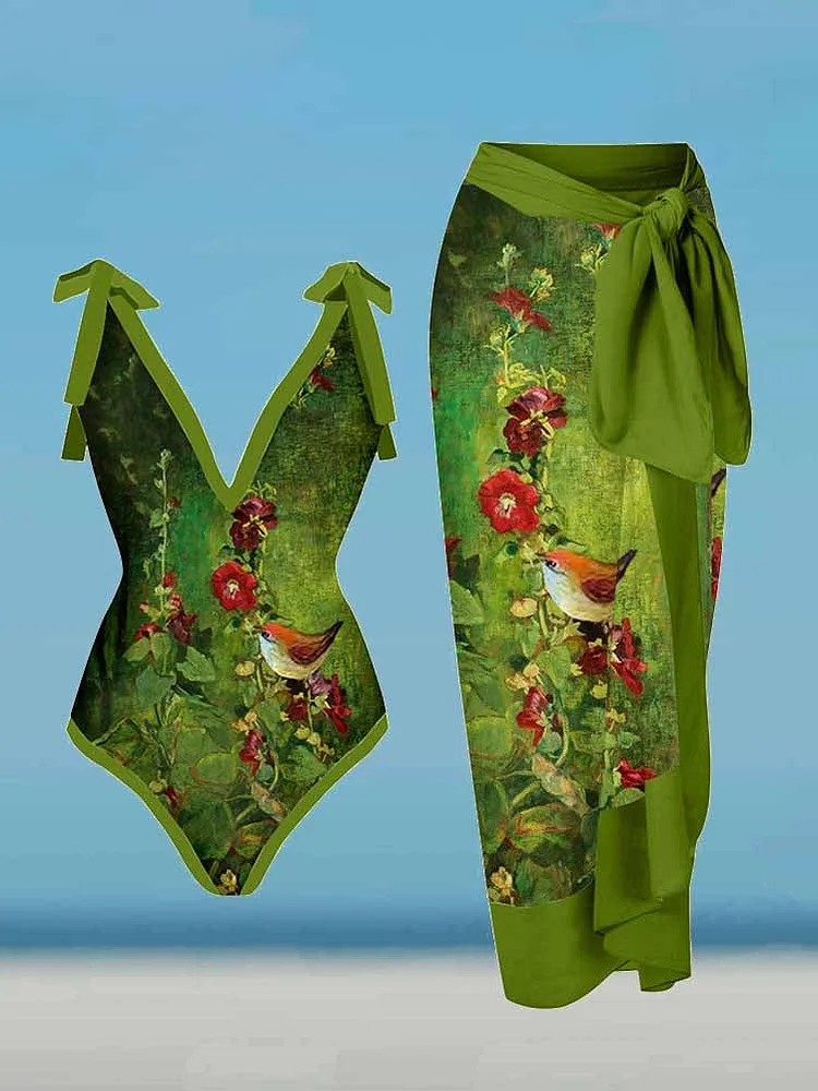 Fashion V-Neck Floral Oil Painting Print One Piece Swimsuit Set