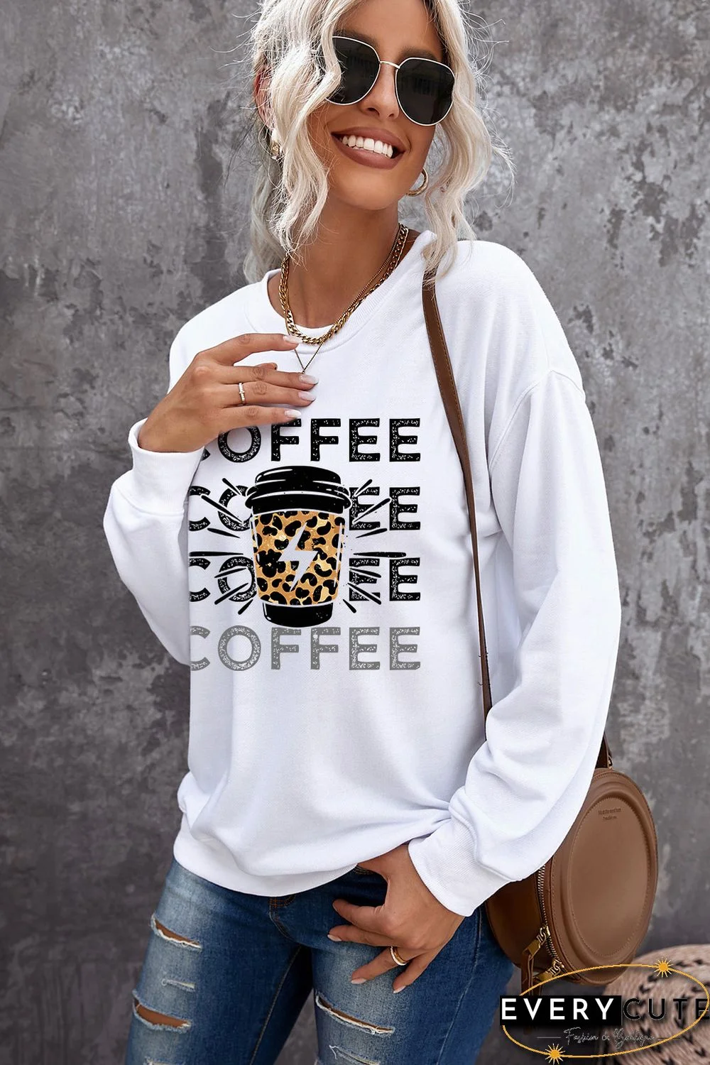 White COFFEE Figure Print Long Sleeve Sweatshirt