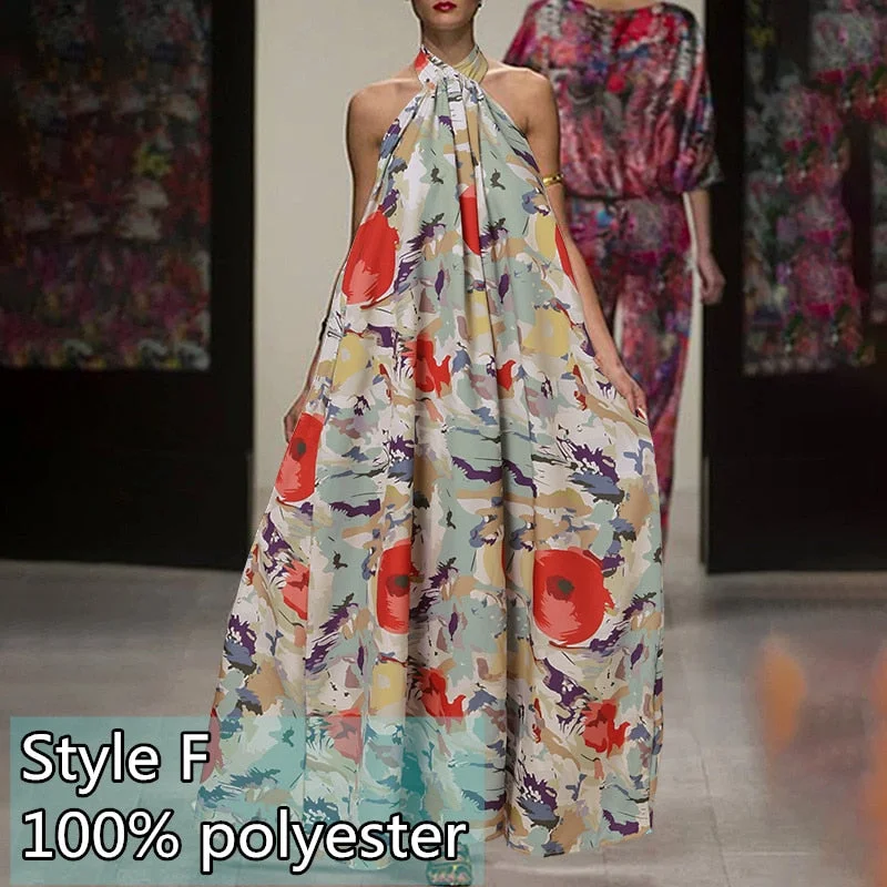 Summer Halter Print Dress Women Celmia Casual Sleeveless Ruffles Floral Maxi Sundress Sexy Backless Beach Party Bohemian Vestido