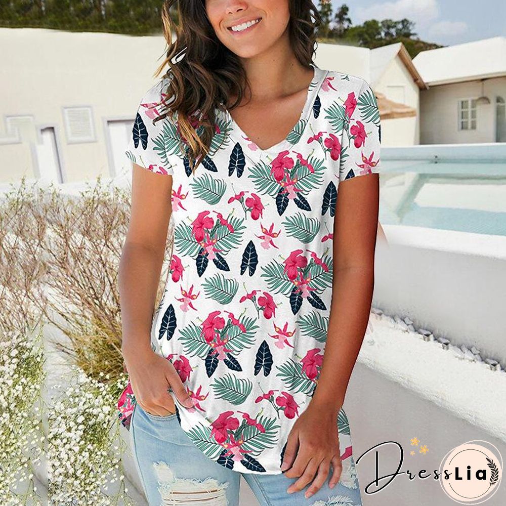 Plant Print V-Neck Leisure Women T-Shirt