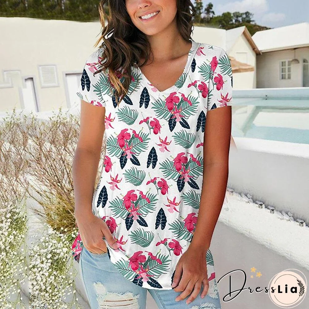 Plant Print V-Neck Leisure Women T-Shirt