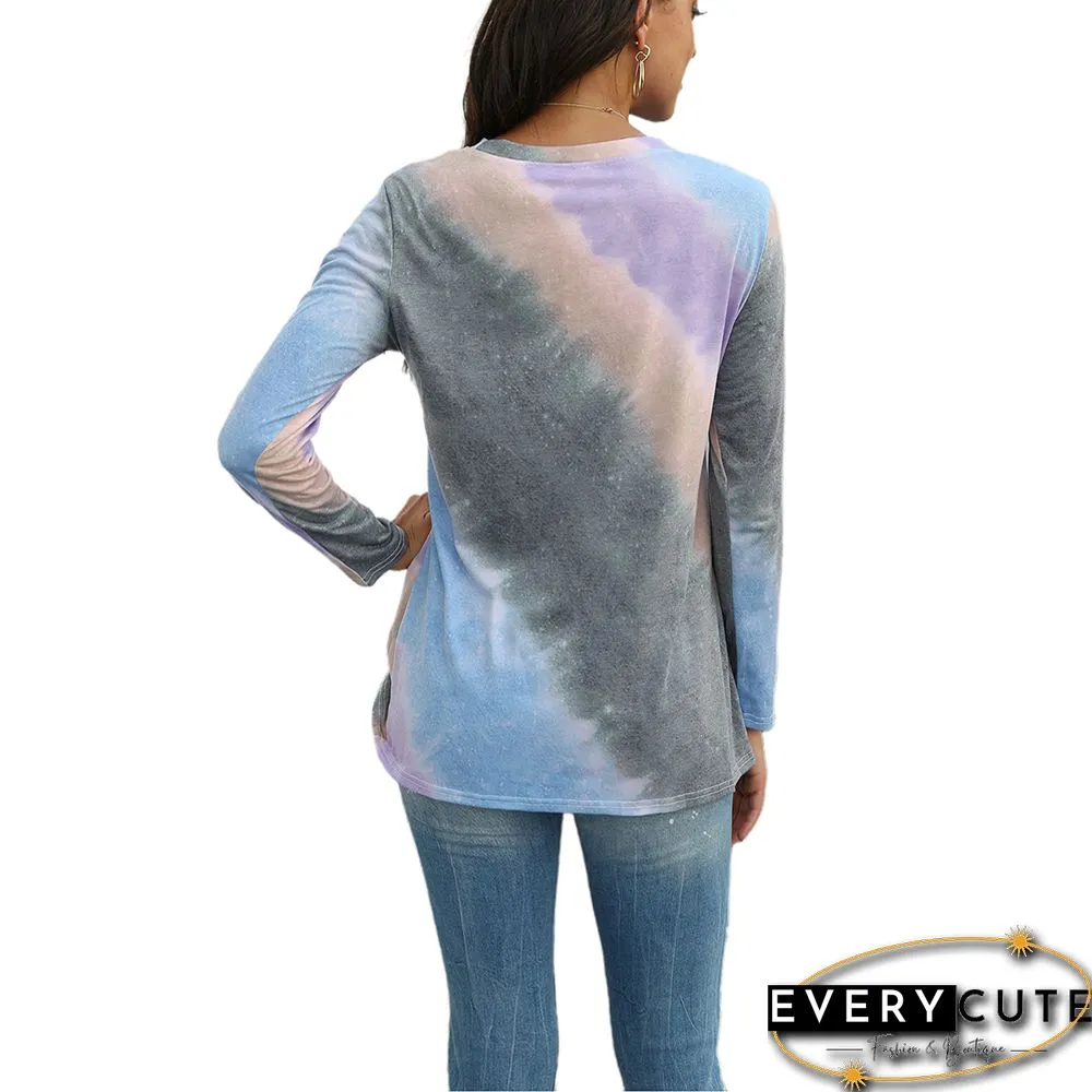Light Blue Front Twist Tie Dye Print Long Sleeve Top