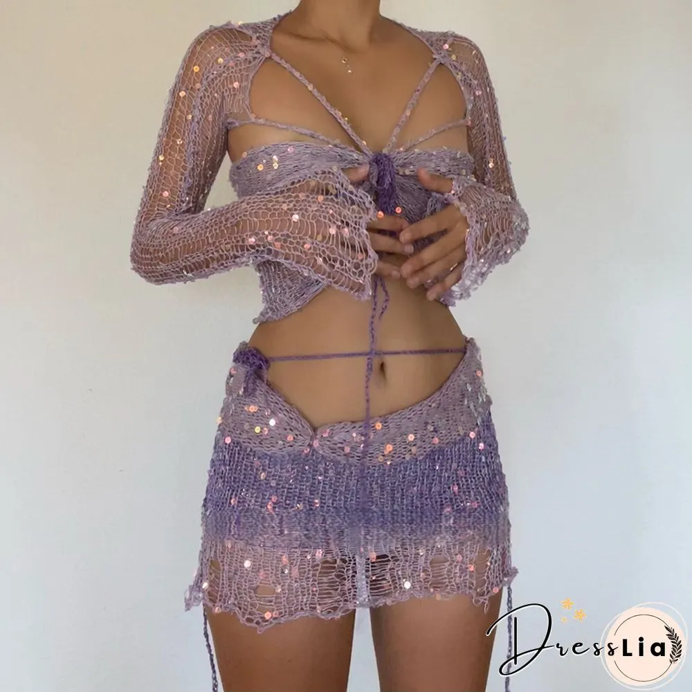 Sexy Sequin Knitted Sweater Three Piece Skirt Sets