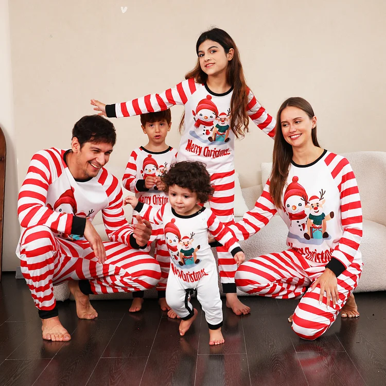 Christmas Snowman & Moose Cartoon Print Stripes Family Matching Pajamas Set