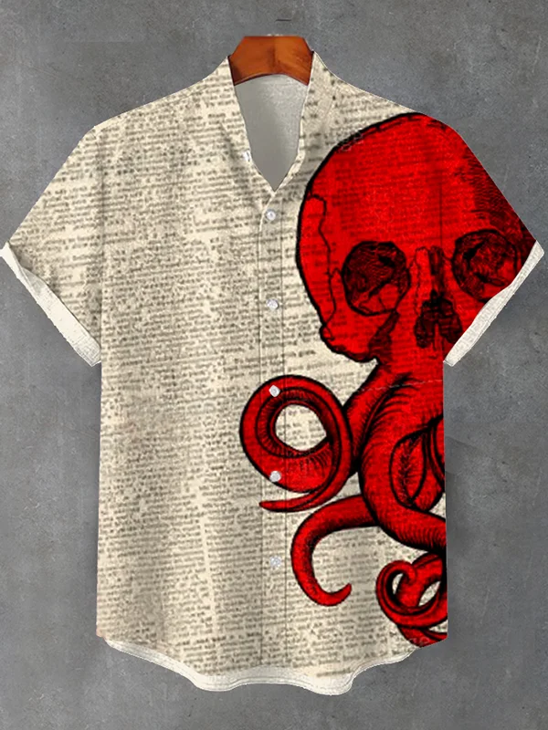 Men's Bloody Cthulhu Octopus Newspaper Distressed Art Print Shirt