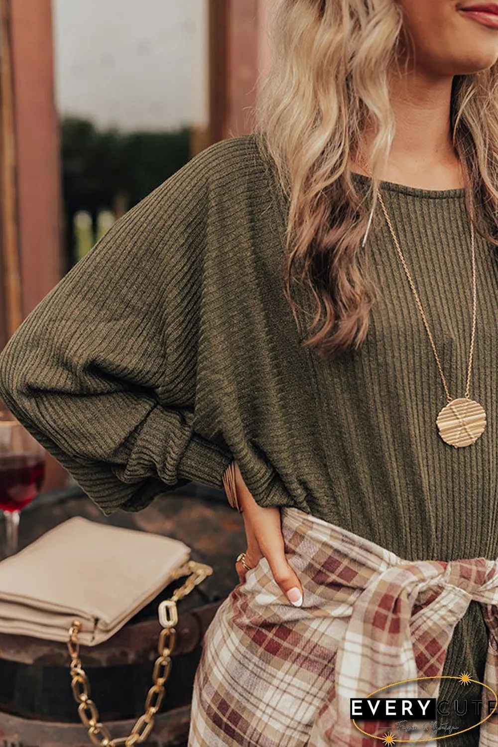 Green Batwing Sleeves Ribbed Knit Sweater Dress