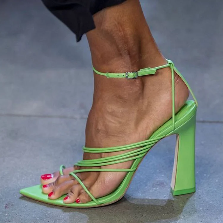 Green Ankle Strap Buckle Sandal Women'S Classic Pointed Toe Shoes Office Heels |FSJ Shoes