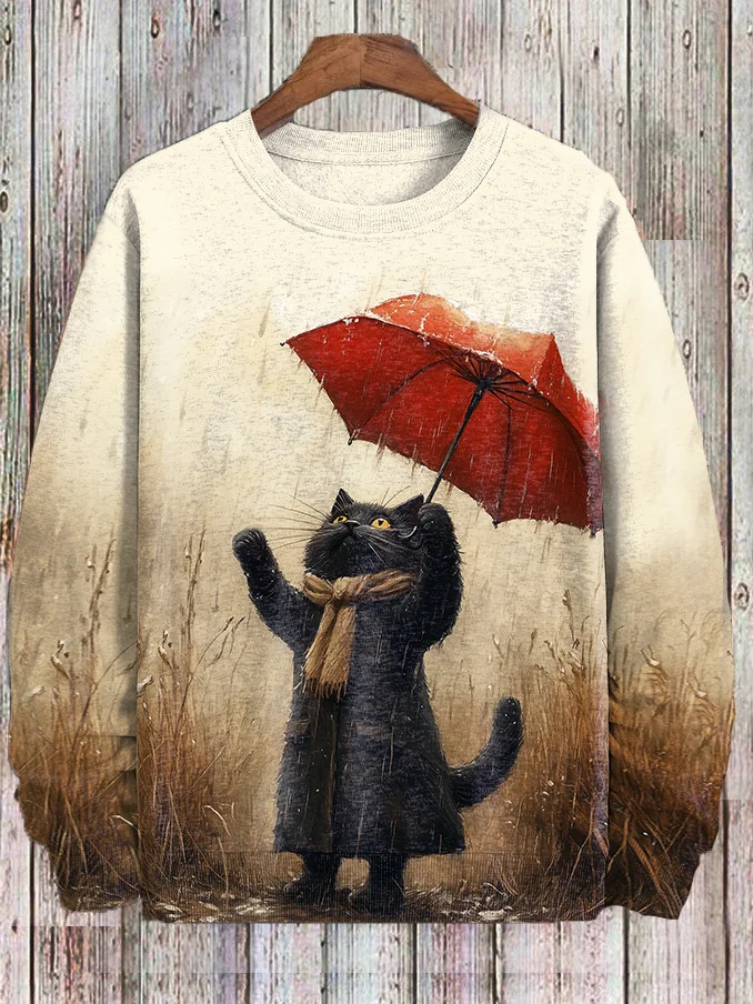 Men's Farm Rainy Red Umbrella And Black Cat Oil Painting Print Casual Sweatshirt