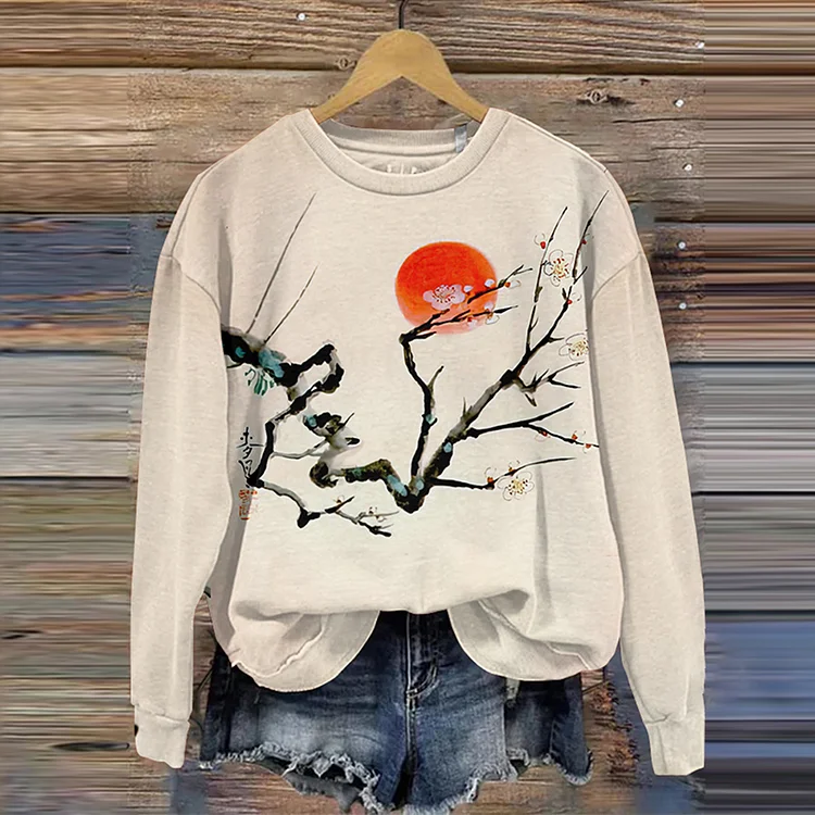 Vintage Japanese Art Floral Sunrise Round Neck Casual Sweatshirt