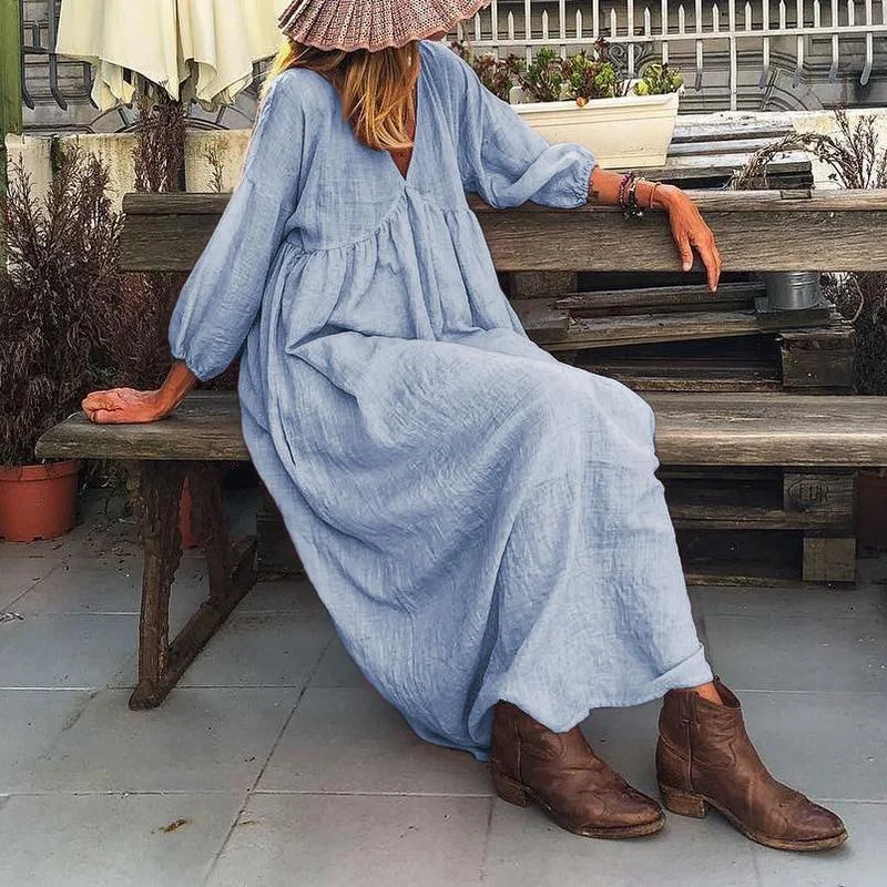 Women's Cotton Linen V-neck Split Joint Princess Dresses