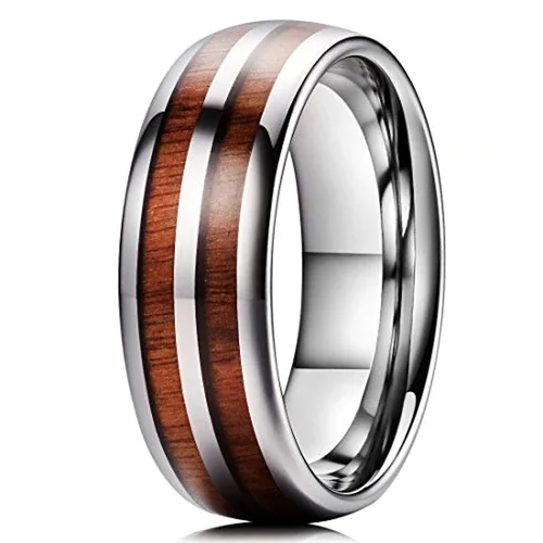Women's Or Men's Tungsten Carbide Wedding Band Matching Rings,Double RoseWood Inlay with Silver Tone.Dome Top Tungsten Carbide Ring with High Polish Dark Wood Inlay With Mens And Womens For Width 4MM 6MM 8MM 10MM