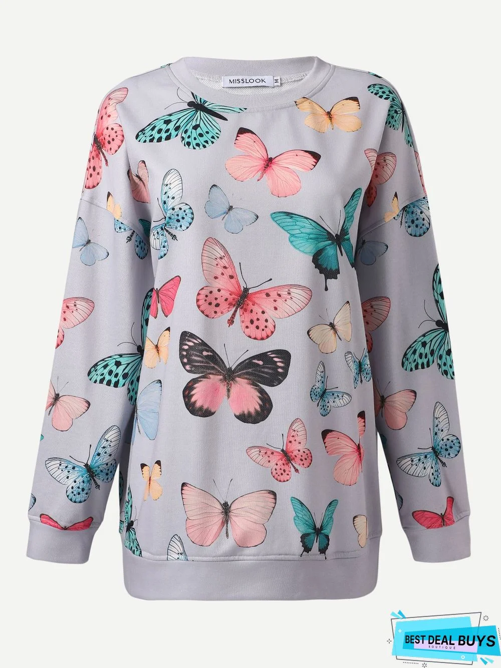 Vintage Butterfly Printed Long Sleeve Crew Neck Casual Tunic Sweatshirt