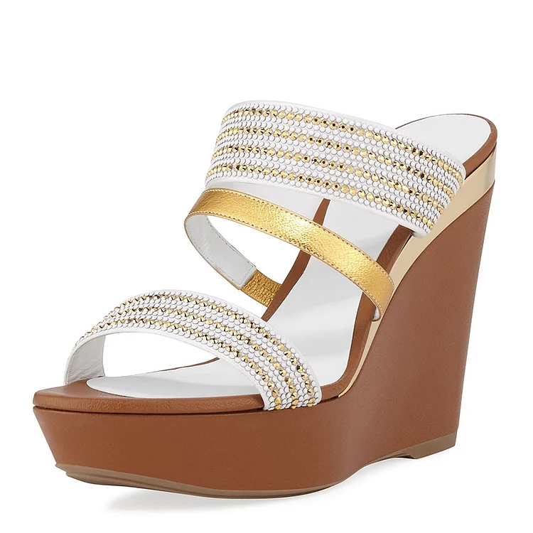 White and Gold Rhinestone Platform Wedge Heels Mule Sandals |FSJ Shoes