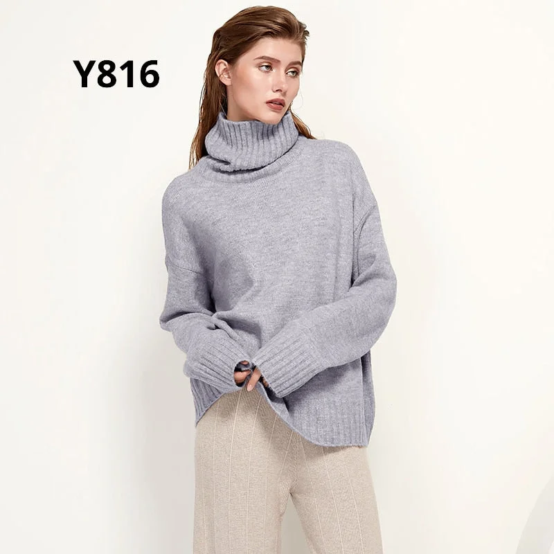 Aachoae Autumn Winter Women Knitted Turtleneck Wool Sweaters 2021 Casual Basic Pullover Jumper Batwing Long Sleeve Loose Tops