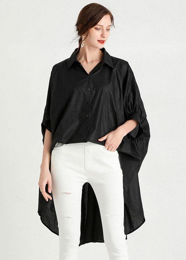 VCSHOES Black Wrinkled Button Summer Cotton Shirt Half Sleeve Top