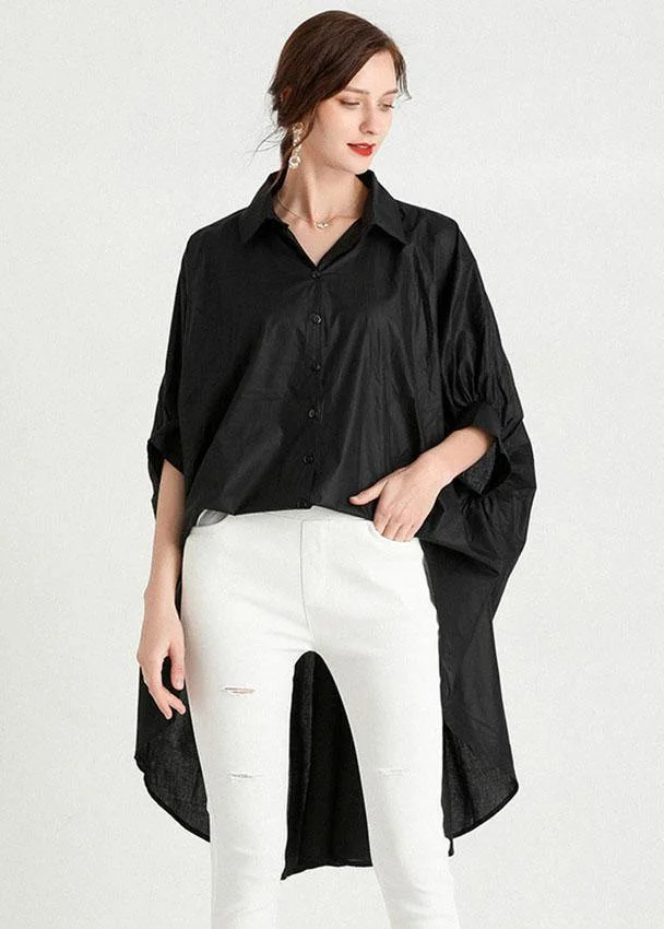 Art Black Wrinkled Button Summer Cotton Shirt Half Sleeve Top