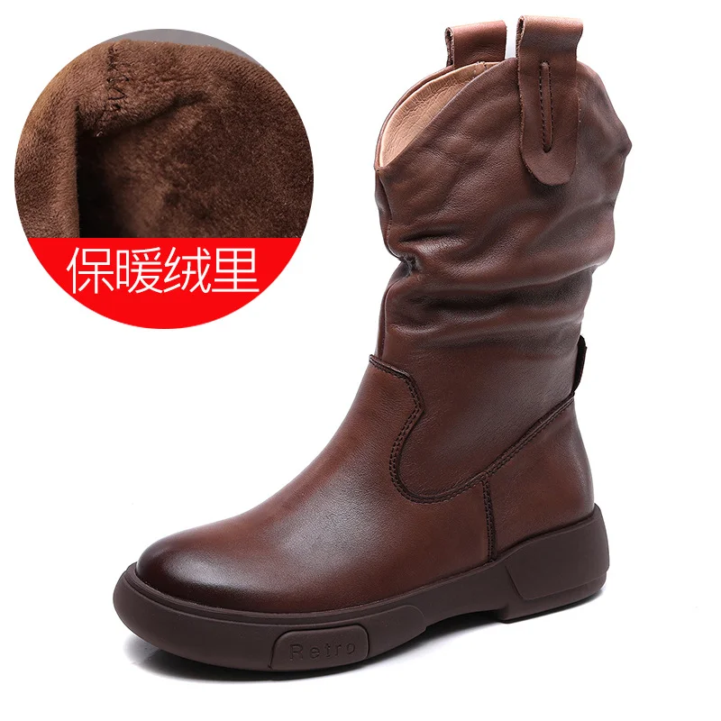 Yyvonne Boots Pile Boots Top Layer Of Kraft Mid-Sleet Boots Women Flat Bottom Soft Skin Autumn Winter Leather Martin Boots Horse Rider Boots