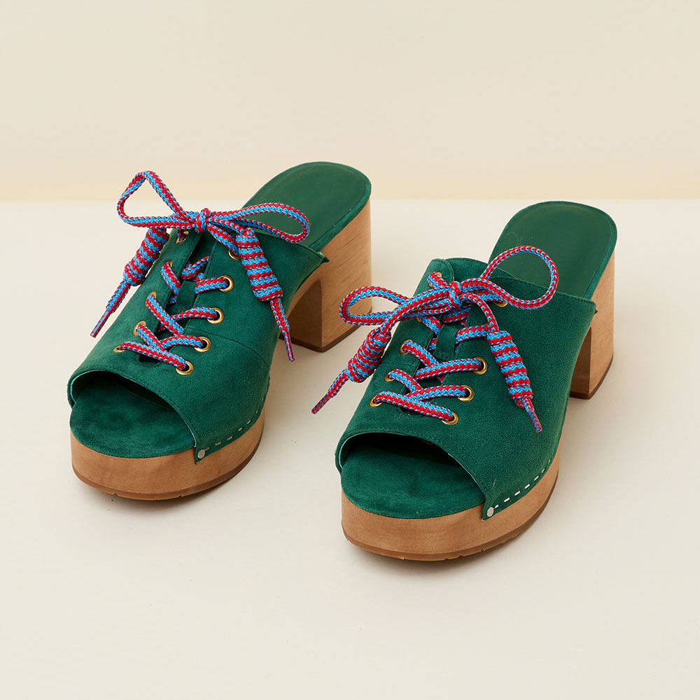 Green Round Toe Block Heel Platform Lace Up Mules Sandals for Women Nicepairs