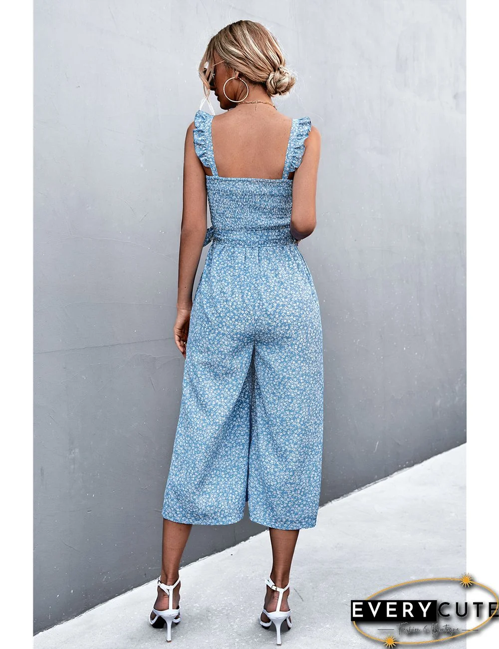 Light Blue Floral Print Pocket Wide Leg Jumpsuit