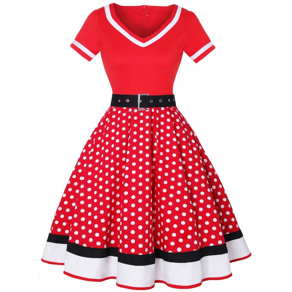 Uveng Cotton Pleated Skirt V-neck Dot Swing Dress