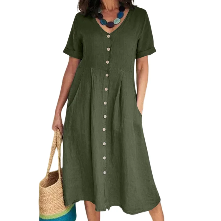 Loose Beach Long Dress High Waist Shirring Pocket Cotton Linen Button Skirt-Annaletters