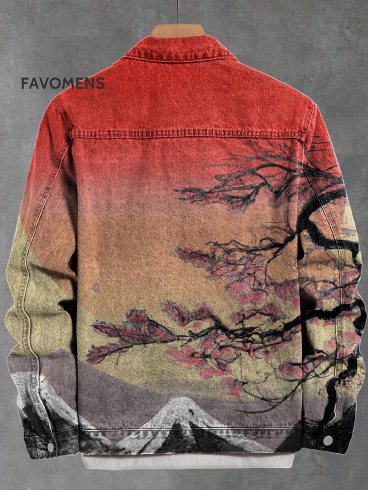 Retro Japanese Art Ukiyoe Red Sun Snow Mountain Plum Blossom Print Casual Denim Jacket Multicolor /