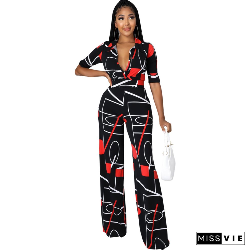Digital Printed V-neck One Piece Jumpsuit