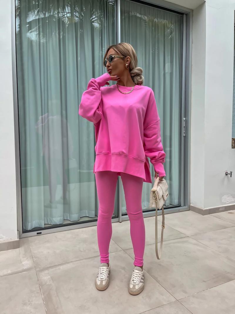 Oversize Two-Piece Set Women's Split Hem Sweatshirt & Skinny Pants, Casual Fashion Cozy Round Neck Long Sleeve Pullover Women's Clothing for Fall & Basic Winter Suits Womenswear Gamis