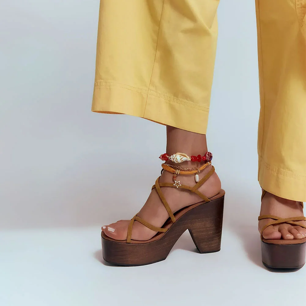 Women's Brown Open Toe Slingback Platform Buckle Heeled Sandals