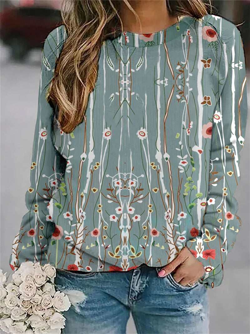 Women Long Sleeve V-neck Graphic Floral Printed Top