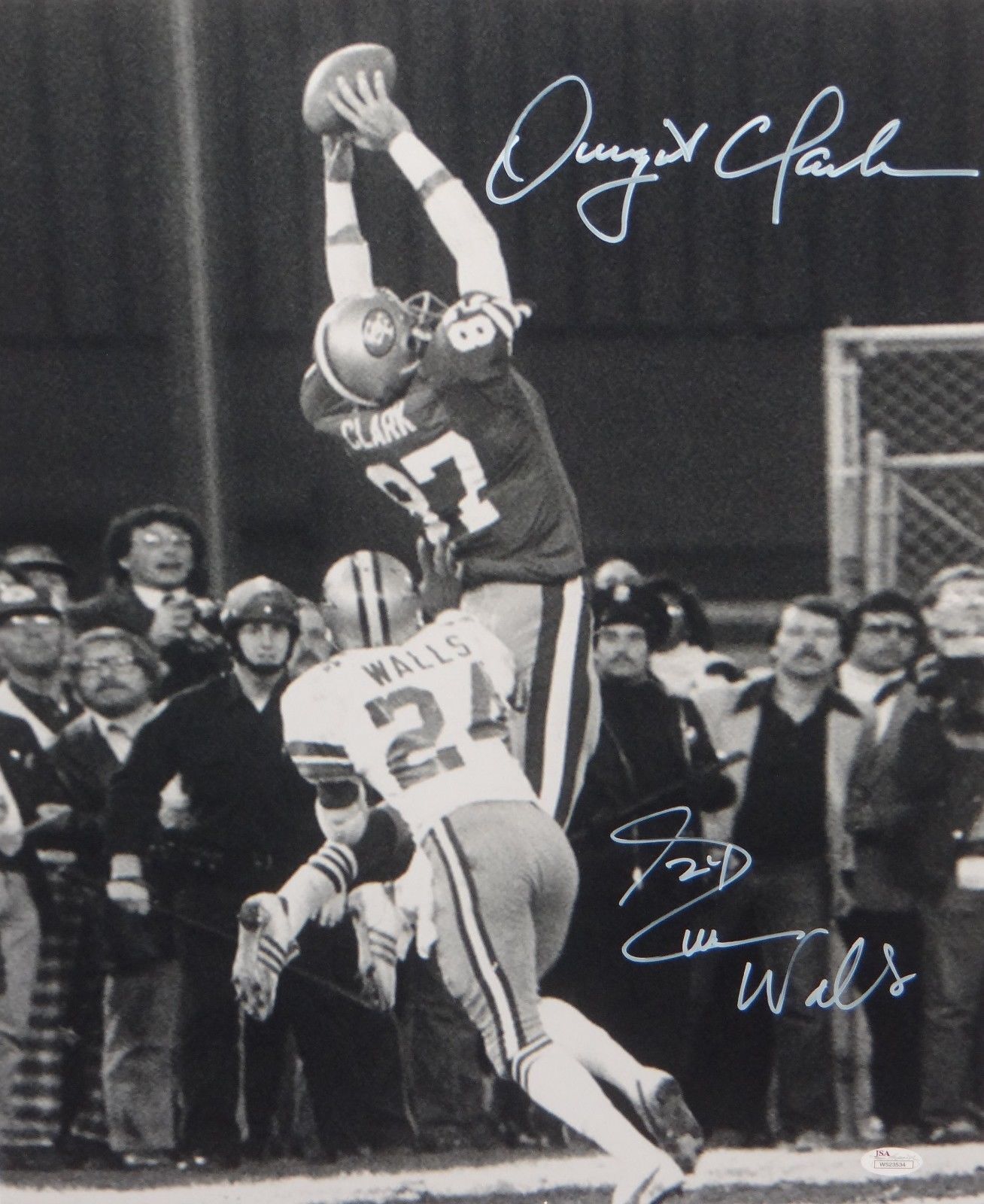 Dwight Clark Everson Walls Autographed 16x20 B&W The Catch Photo Poster painting- JSA W Auth