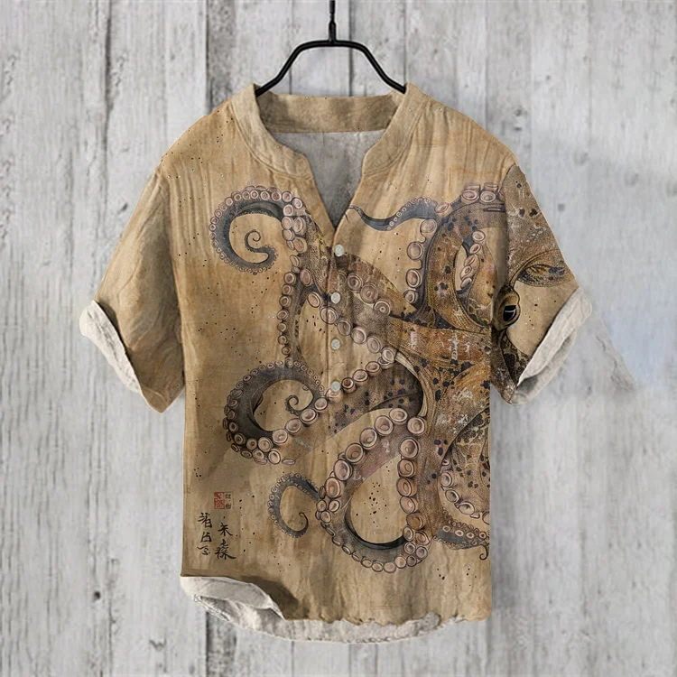 Men's Japanese Art Vintage Octopus Graphic Linen V-Neck Button Shirt