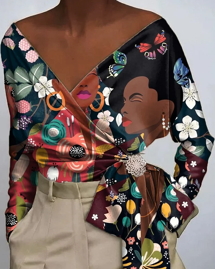 Art Black Color Cartoon Print Sexy Women's Lace-up Top